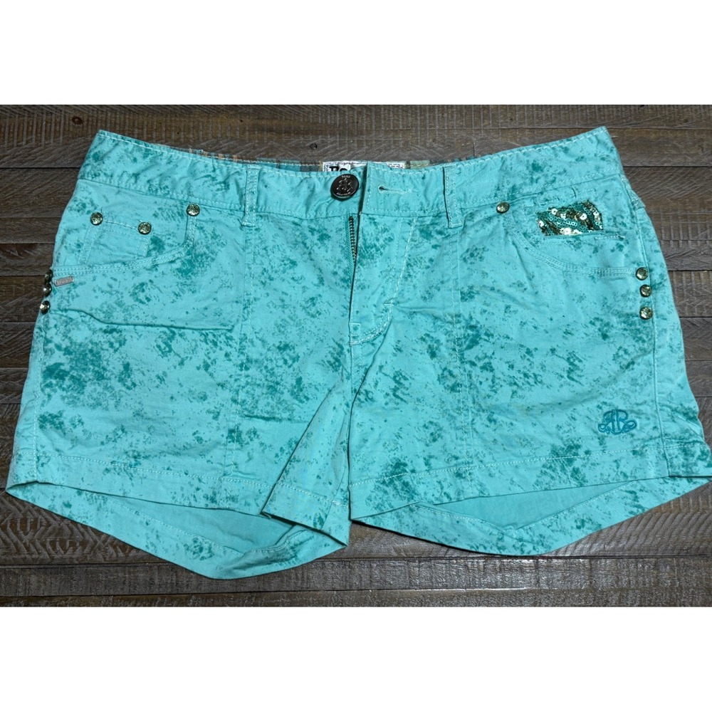 Roar Casual Series Shorts Womens 29 Turquoise Acid Wash Sequin Rhinestone NWT